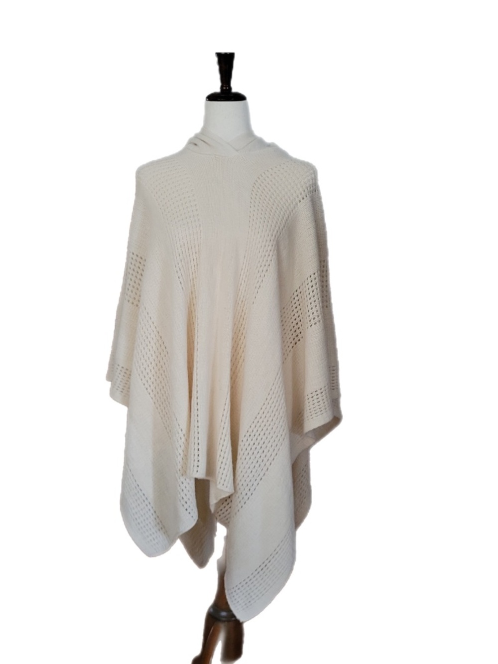 SO Cream Hooded Knit Poncho Cape Vertical Pointelle Pattern Very Soft Feel OS